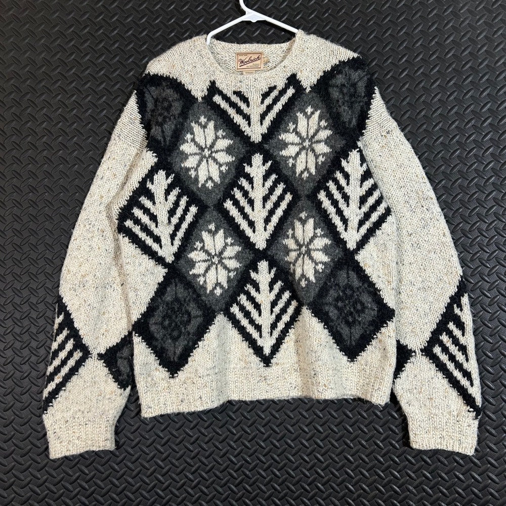 Vtg Woolrich Handknit Sweater Mens L Beige Black … - image 1